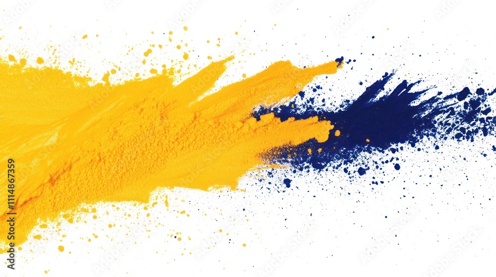 Fototapeta premium Abstract yellow and blue paint splash on white background.
