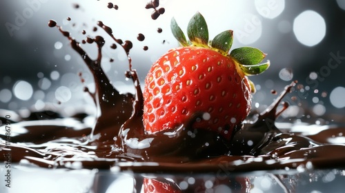 A fresh strawberry splashing into melted dark chocolate, creating a dynamic and delicious image.