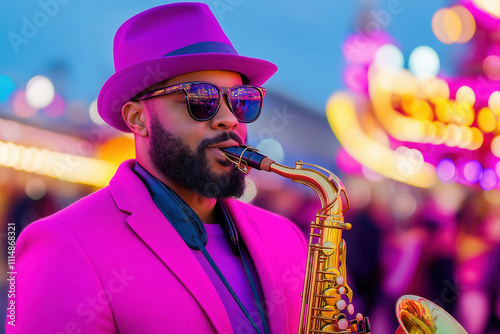 musician in a purple hat playing the saxophone in front of a brightly lit carnival float, evening setting photo