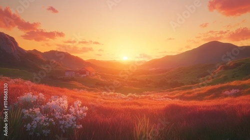 Serene sunset over idyllic valley with wildflowers and distant mountains.