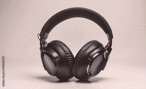Pair of black headphones with a black band. The headphones are sitting on a white surface photo