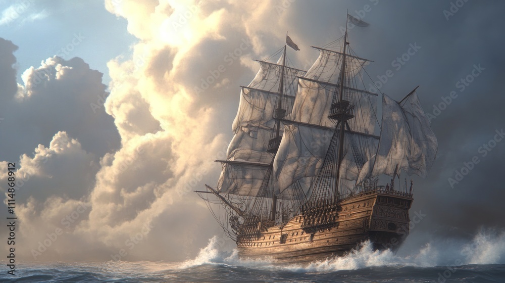 Fototapeta premium Majestic galleon sailing through dramatic cloudscape at sunset.
