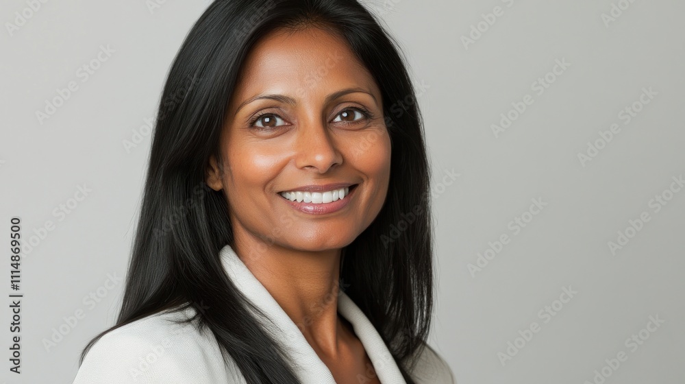 Fototapeta premium Portrait of a smiling Indian woman with long black hair.