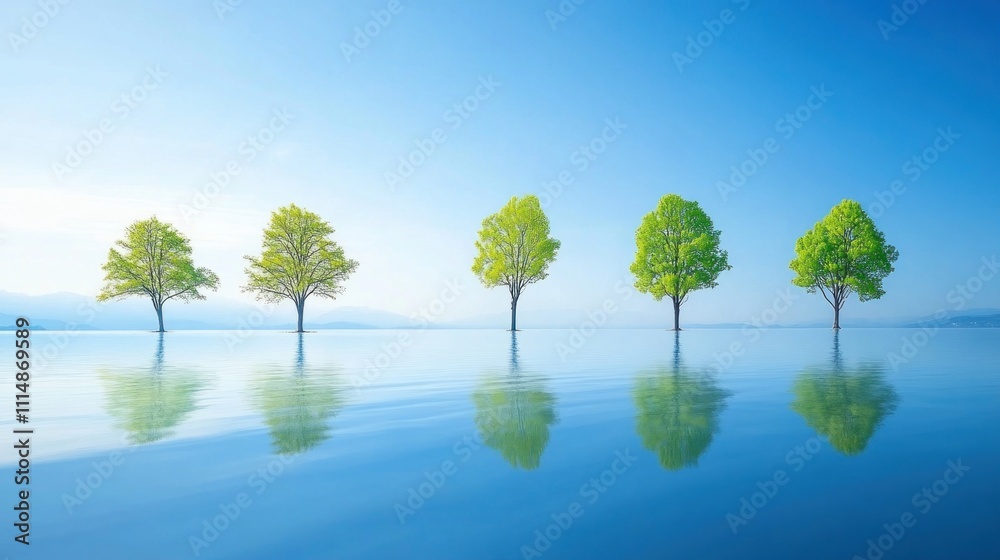 Five identical trees reflected in calm water, suggesting growth or time.