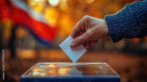 Senior hand casting a vote into a ballot box outdoors in autumn. photo