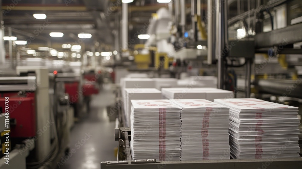 Stacks of printed materials on a conveyor belt in a large factory. Stacks of printed materials on a conveyor belt in a large factory.