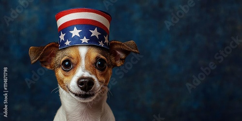 Cute Dog in American Flag Hat on Blue Background for 4th of July Celebration photo