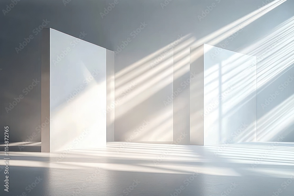 Minimalist architectural scene with white geometric forms illuminated by soft light in modern interior design space Minimalist architectural scene with white geometric forms illuminated by soft light in modern interior design space