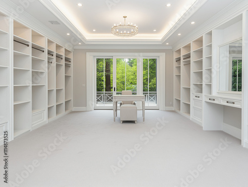 Luxurious dressing room with custom closets and vanity photo