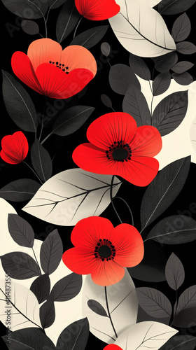 Seamless floral pattern with red blooms and monochrome leaves