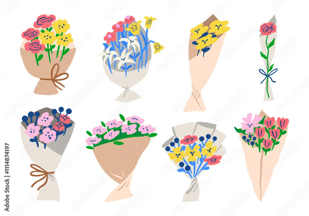 Fototapeta premium Hand drawn floral bouquet collection. A versatile set of eight hand drawn floral bouquet illustrations, featuring unique designs perfect for weddings, romantic themes, seasonal decor, and celebrations