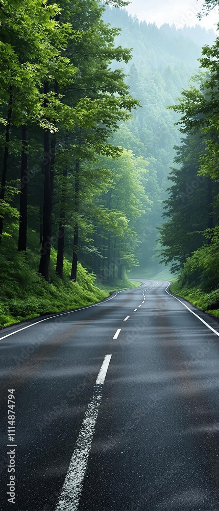 Fototapeta premium A solitary asphalt road winding its way through a dense mountain forest, rugged terrain, , solitude, emptiness