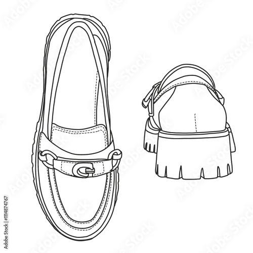 Women's Slip On Loafers Casual Shoes with accessories on top Line art, Technical sketch hand drawing outline vector doodle top and rear view isolated on white background for coloring page