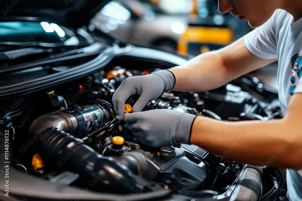 Mechanic repairing car engine with wrench in garage auto workshop maintenance service Mechanic repairing car engine with wrench in garage auto workshop maintenance service