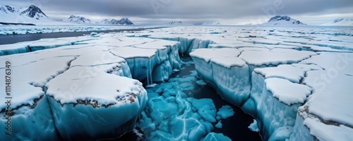 Icebergs fragmented by cracks, fissures. Water flows through crevices. Blue ice contrasts with white snow. Dramatic landscape reflects global warming effects. Ice melts rapidly. Serious environmental photo