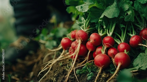Freshly Harvested Radishes with Green Leaves in Organic Garden Soil
