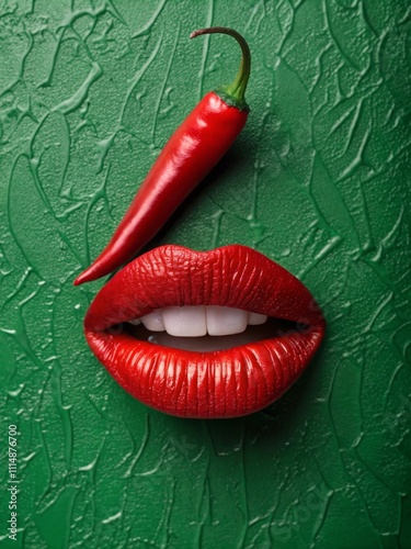 Creative fusion of red lips and chili pepper on green artistic background photo