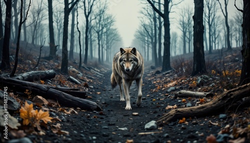 Lone wolf walks through devastated forest. Burnt trees trash ground. Nature damage. Wild animal, forest landscape. Autumn scene in desolate forest. Somber, empty space. Potential for eco themes,