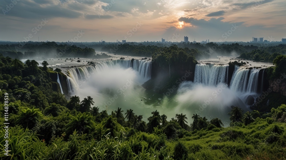 Fototapeta premium Majestic waterfall cascading into a lush green valley at sunset.