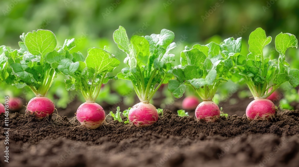 Fresh Radishes Growing in Soil at Organic Farm for Harvest Fresh Radishes Growing in Soil at Organic Farm for Harvest