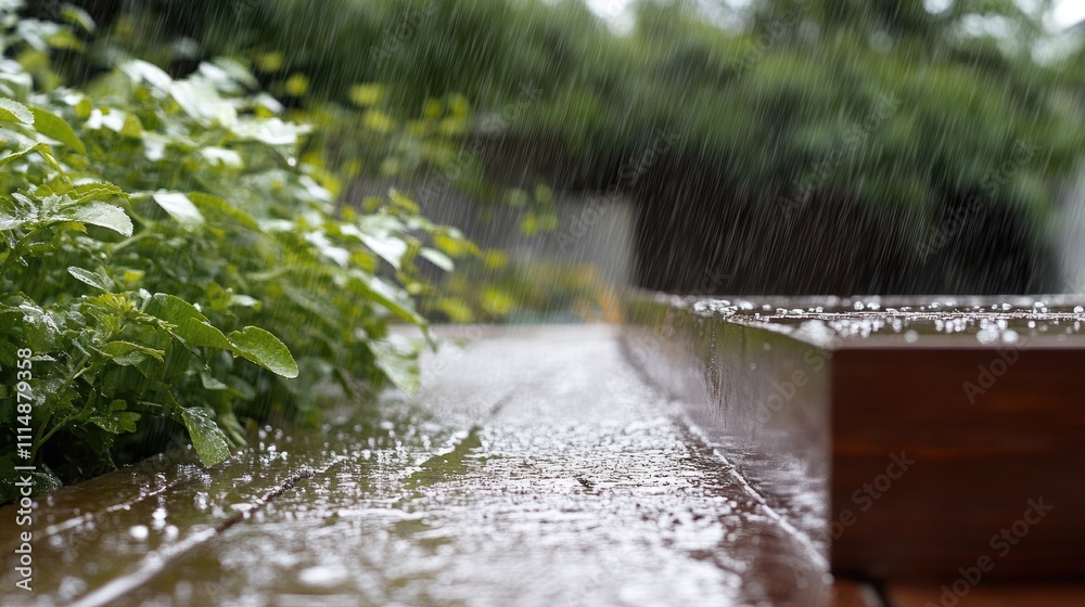 Fototapeta premium Rain Falling on Green Plants and Wooden Surface in Natural Setting