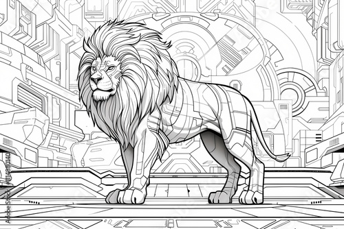 A majestic male lion stands in a futuristic setting, showcasing his regal posture and detailed, intricate mane amidst geometric patterns. photo