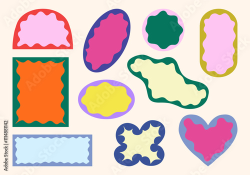 Retro sticker set with abstract wavy shapes. A collection of ten retro-inspired abstract sticker designs featuring wavy outlines and bold shapes, ideal for nostalgic layouts, branding, and digital art photo