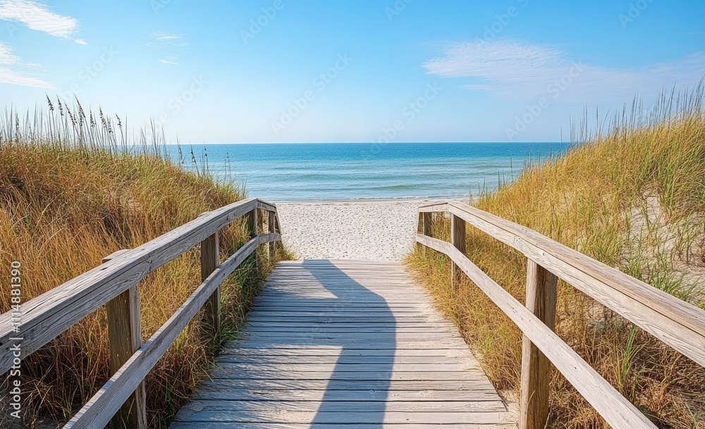 Wooden boardwalk pathway to serene beach with golden grass under clear blue sky Wooden boardwalk pathway to serene beach with golden grass under clear blue sky
