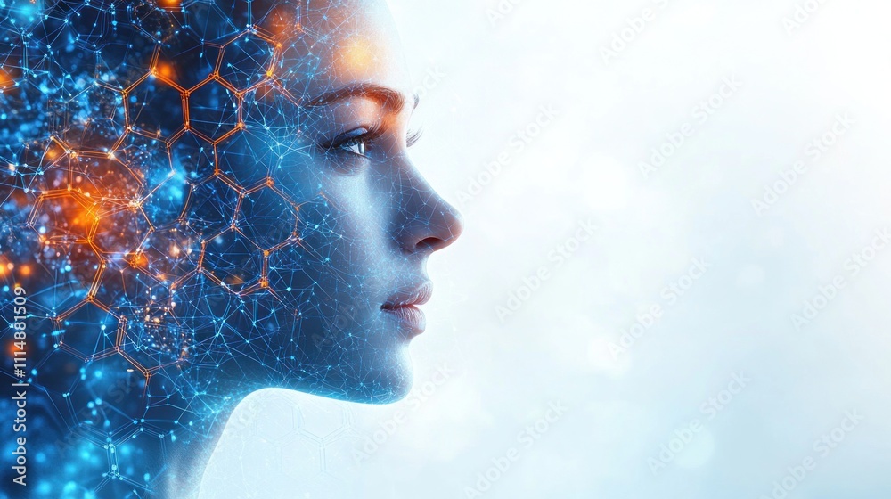Woman's profile overlaid with glowing network, representing AI, technology, and innovation. Woman's profile overlaid with glowing network, representing AI, technology, and innovation.