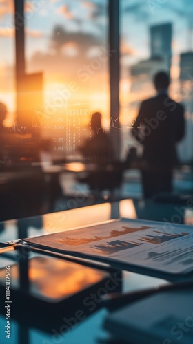 Business team discussing financial graphs and charts in an office setting, symbolizing corporate discussions. A device on a table features a company logo against a blurred background 