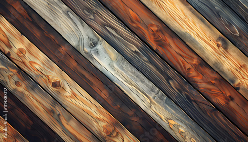 Beautiful diagonal arrangement of wooden planks showcasing a variety of warm tones and textures.