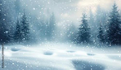 Winter Landscape with Snowfall Blurred Evergreen Trees and Calm Scenic Beauty