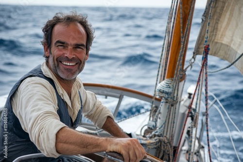 Smiling caucasian male sailor navigating a boat on the open sea