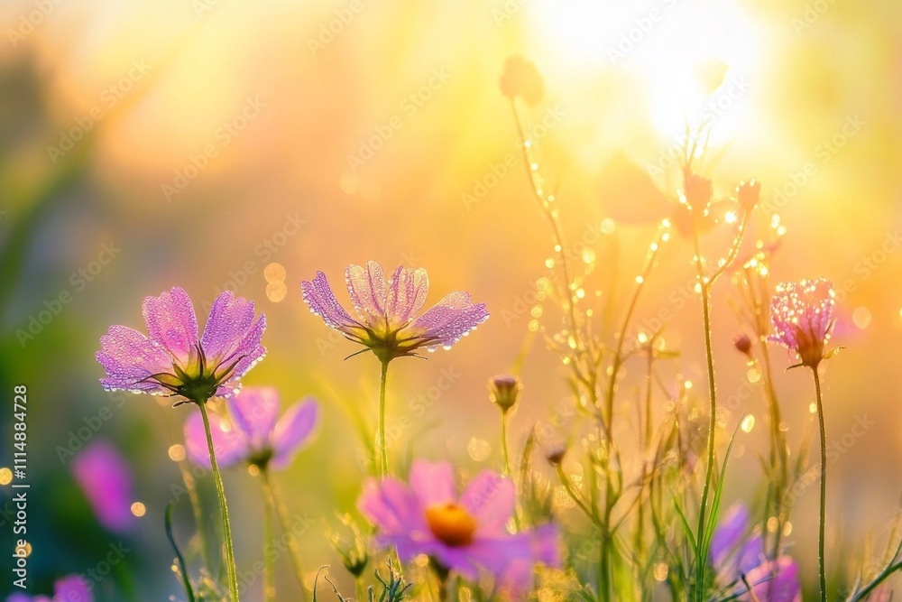 Fototapeta premium Morning dew on vibrant pink wildflowers in sunny meadow