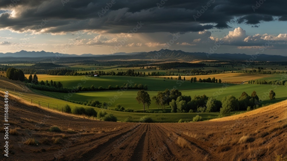 Fototapeta premium Dramatic sunset over rolling hills and farmland. (1)