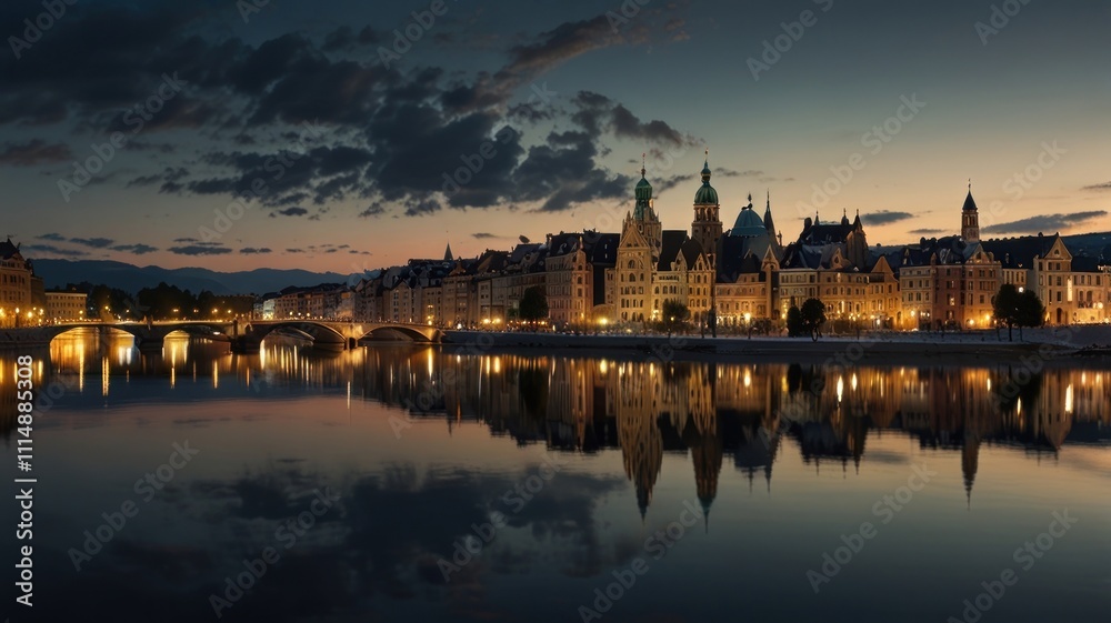 Obraz premium Night cityscape with river reflection and bridge.