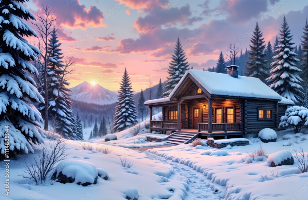 Fototapeta premium Snowy winter scene with cozy log cabin nestled in forest. Warm light shines from windows. Peaceful atmosphere at sunrise in snowy landscape. Mountain background. Perfect wintertime rural scene.