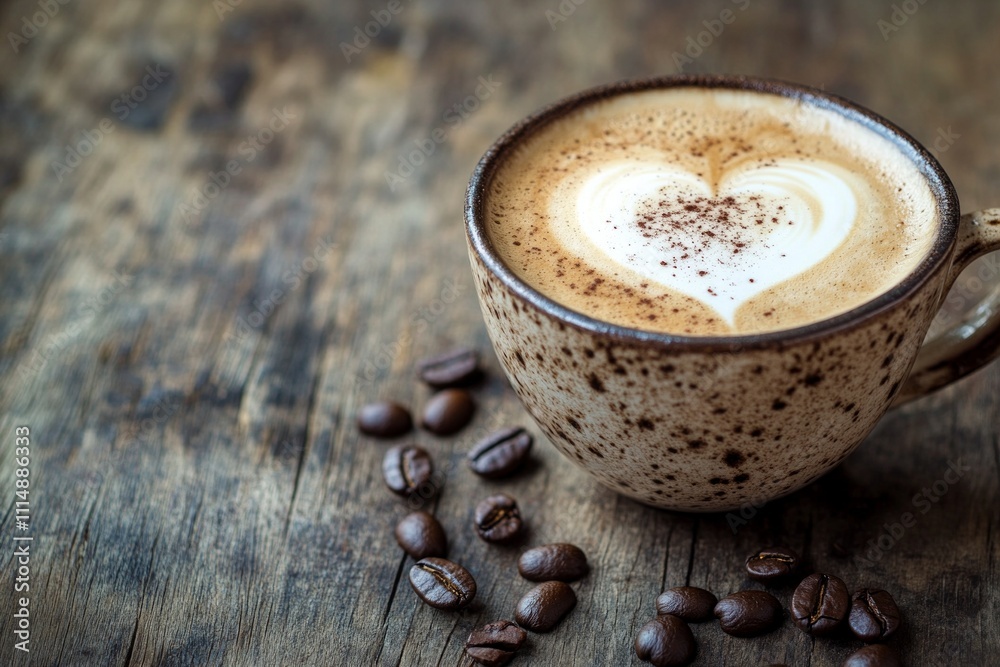 Heart-shaped latte art in rustic mug on wooden table with coffee beans Heart-shaped latte art in rustic mug on wooden table with coffee beans