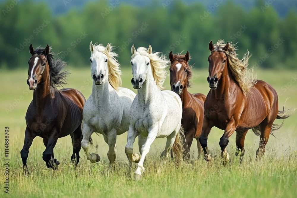 Obraz premium Wild horses galloping through lush green field under a clear sky