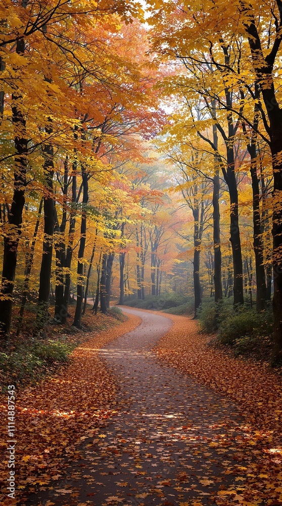 Fototapeta premium A winding path leads through a forest filled with fallen autumn leaves, scenery, landscape