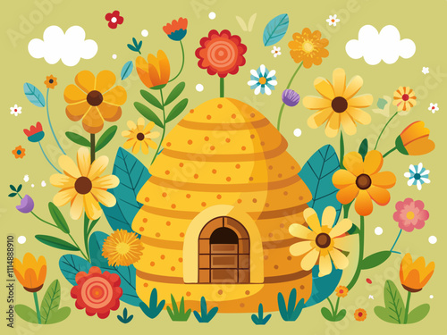 colorful illustration of a beehive surrounded by buzzing bees and blooming flowers