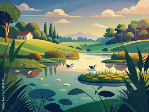 colorful illustration of a farm pond surrounded by reeds and lily pads, with ducks swimming