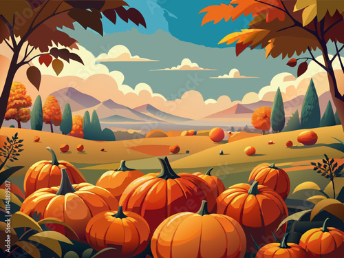 colorful illustration of scenery of e pumpkin patch field