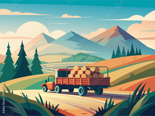 colorful illustration of a hay wagon loaded with freshly cut hay, ready for transport