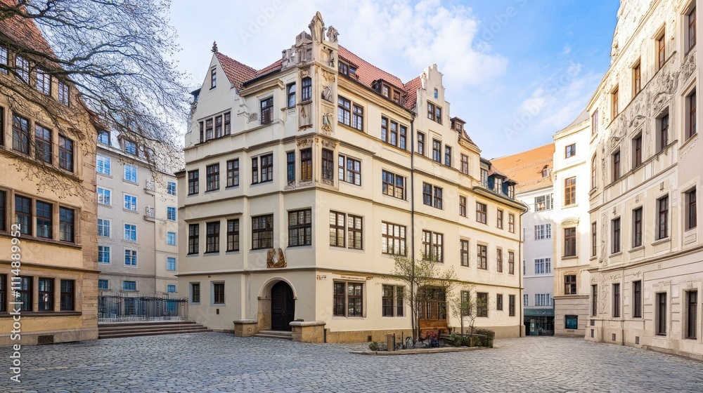 Historic architecture in a sunny European square with clear sky Historic architecture in a sunny European square with clear sky