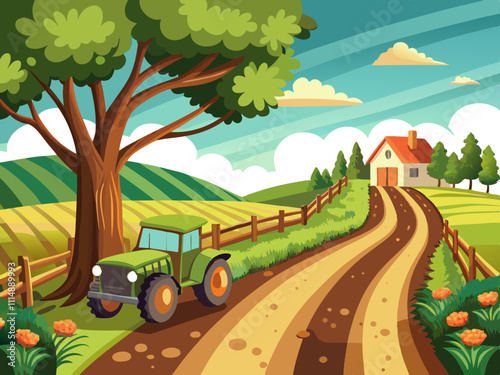 colorful illustration of a muddy farm path leading to a tractor parked under a tree