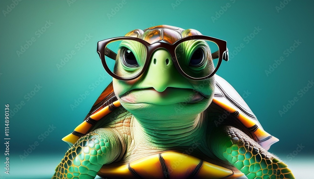 Obraz premium Portrait of a cute turtle with big glasses: Detailed close-up with green background and focus on facial features and shell structure