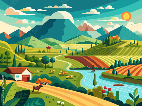 colorful illustration of a panoramic view of a valley with farmland, crops, and grazing animals.