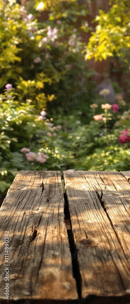 Fototapeta premium Basic wooden table with blurry plants in the garden, basic, wooden, background