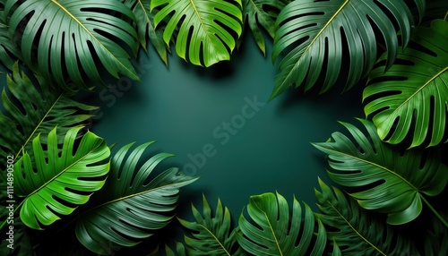 Green tropical leaves create vibrant natural background. Palm leaves form pattern. Natural vegetation looks untamed. Relaxing rainforest scene. Vivid green plants. Beautiful backdrop. Rich in texture.
